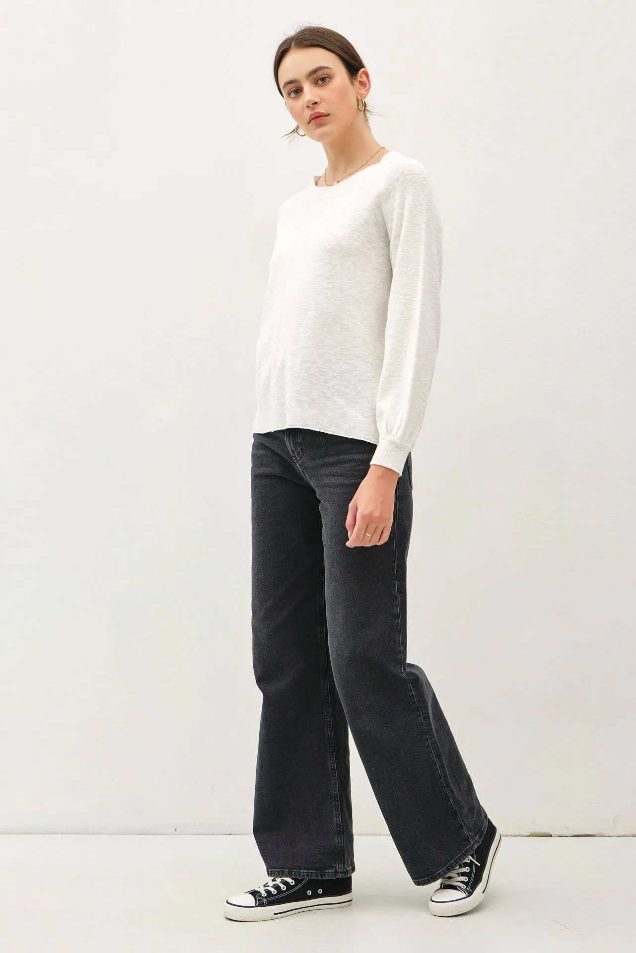 RAGLAN LONG SLEEVE PULLOVER SLUB YARN KNIT SWEATER