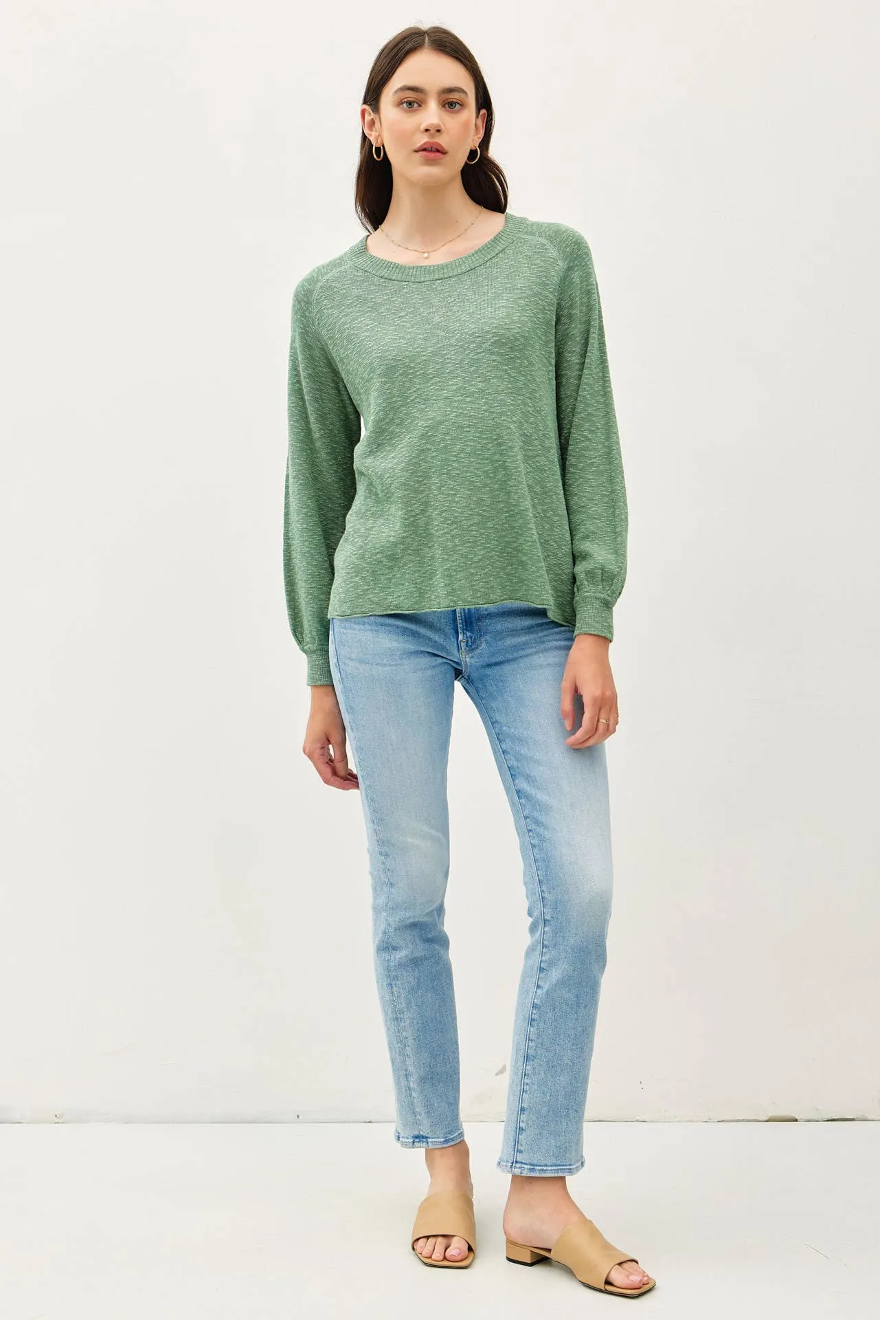 RAGLAN LONG SLEEVE PULLOVER SLUB YARN KNIT SWEATER