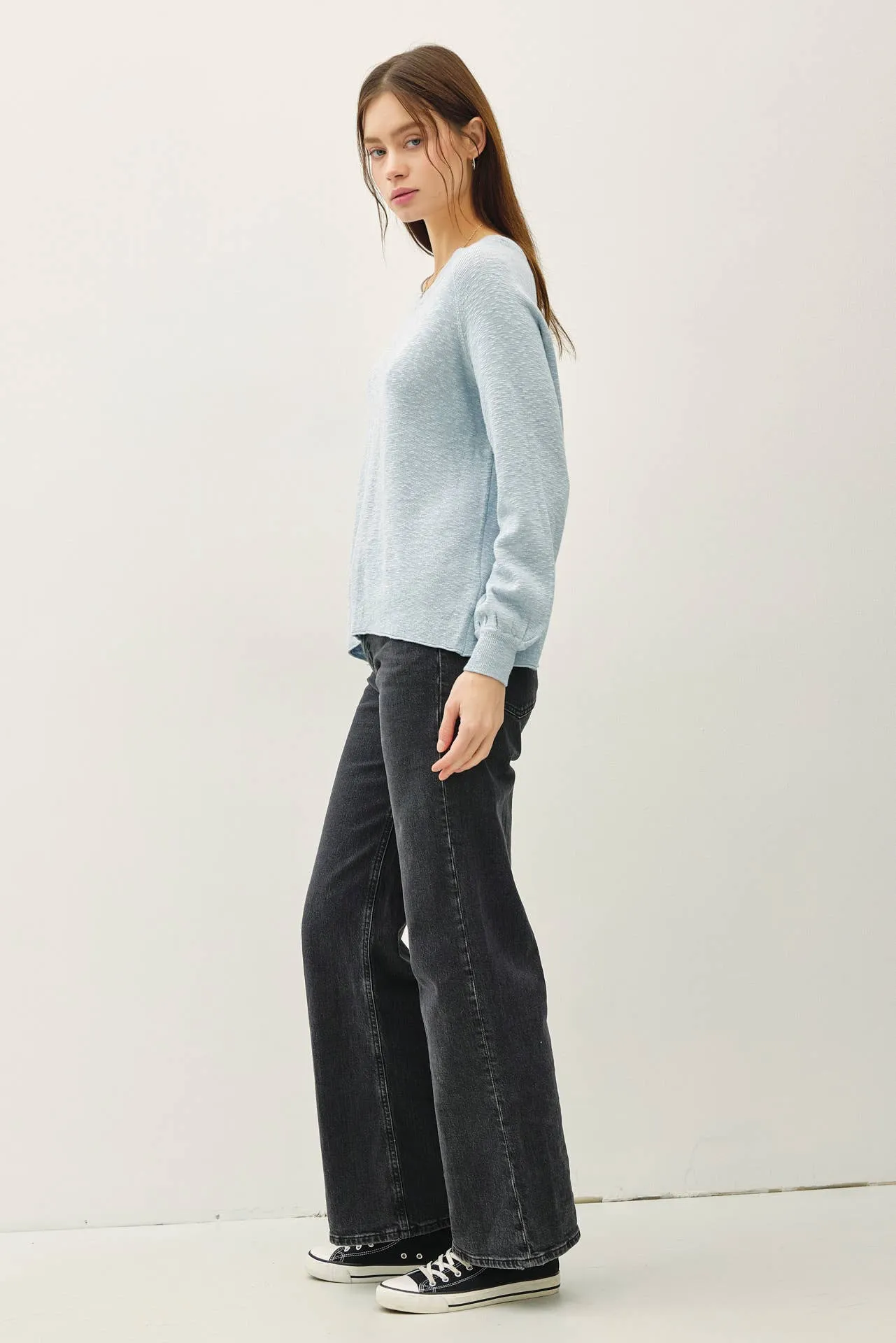 RAGLAN LONG SLEEVE PULLOVER SLUB YARN KNIT SWEATER