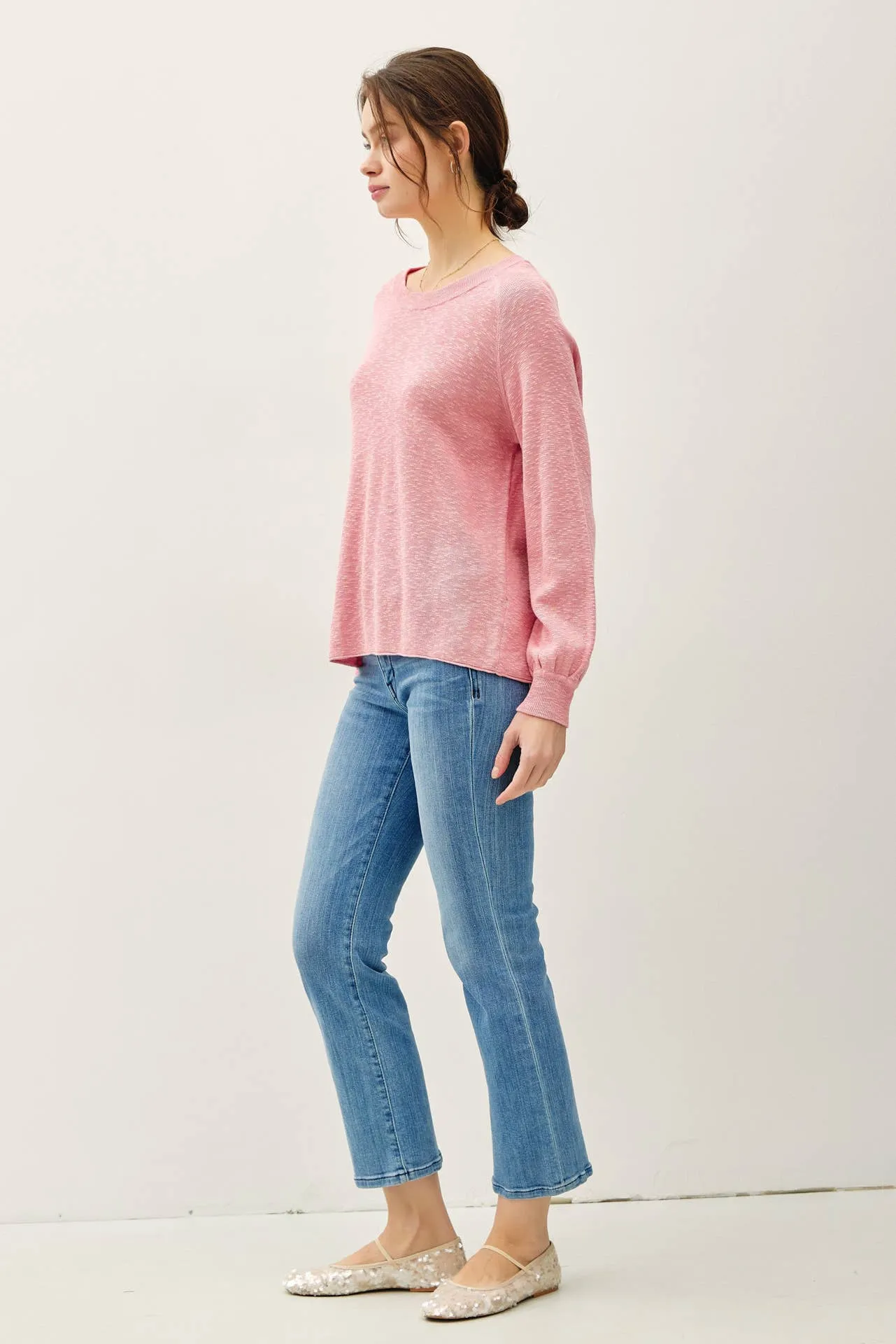 RAGLAN LONG SLEEVE PULLOVER SLUB YARN KNIT SWEATER