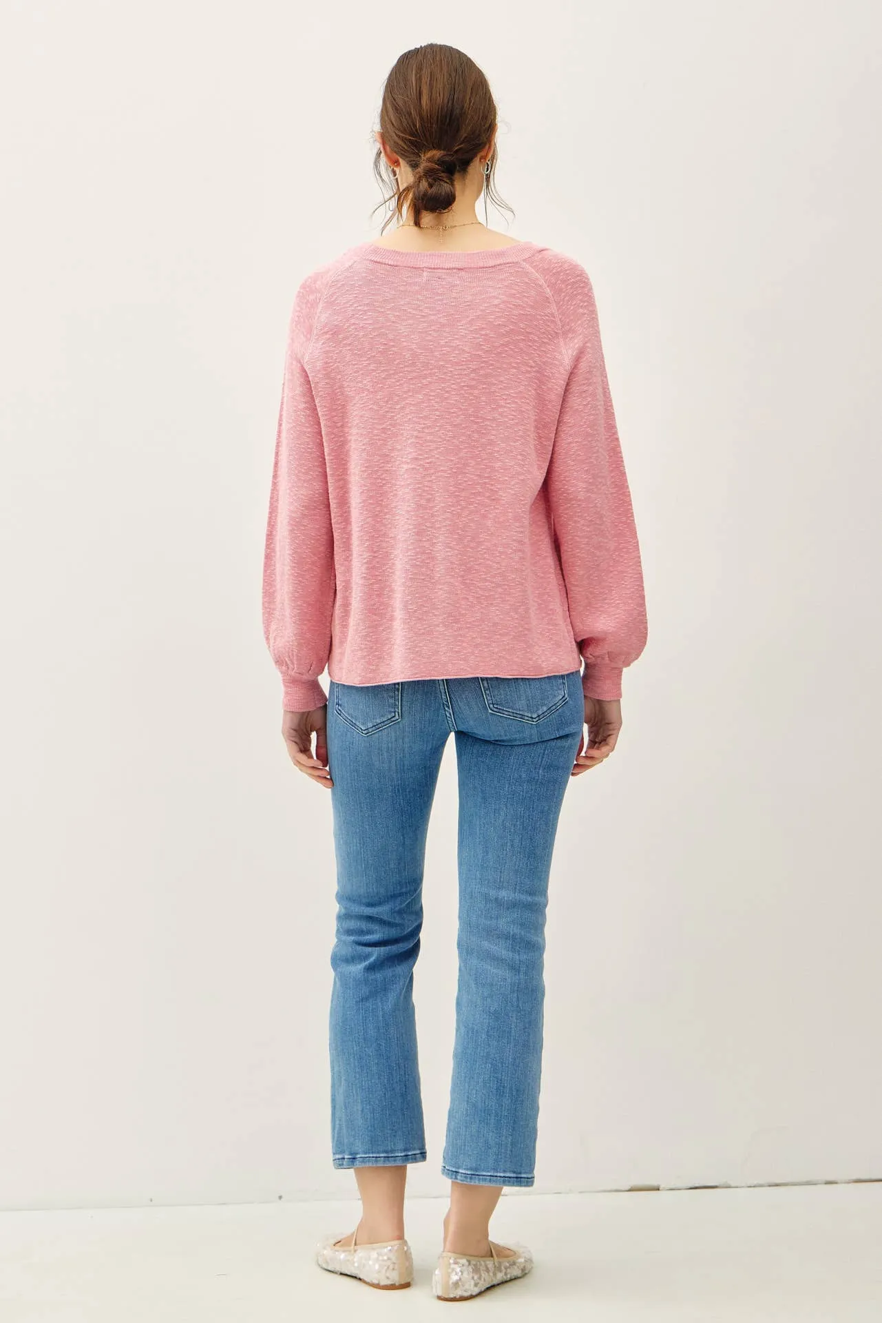 RAGLAN LONG SLEEVE PULLOVER SLUB YARN KNIT SWEATER