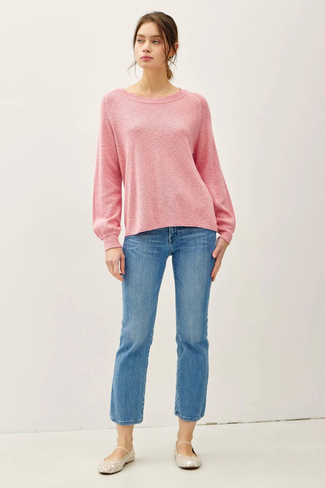 RAGLAN LONG SLEEVE PULLOVER SLUB YARN KNIT SWEATER