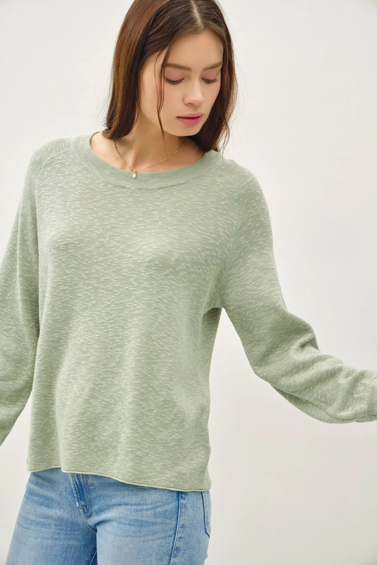 RAGLAN LONG SLEEVE PULLOVER SLUB YARN KNIT SWEATER