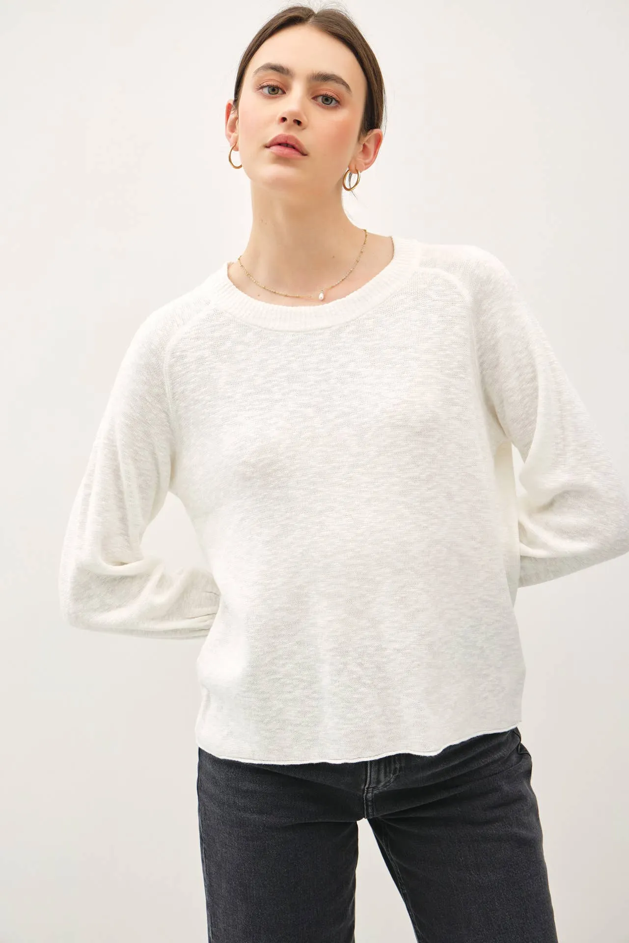 RAGLAN LONG SLEEVE PULLOVER SLUB YARN KNIT SWEATER