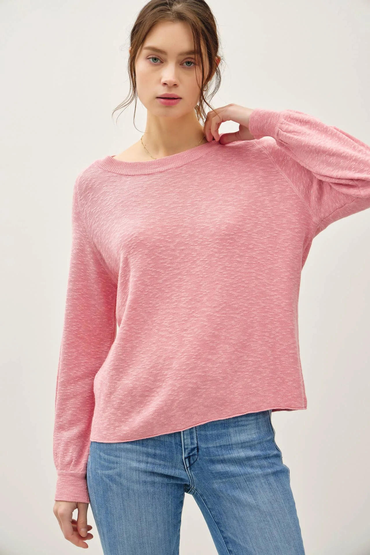 RAGLAN LONG SLEEVE PULLOVER SLUB YARN KNIT SWEATER