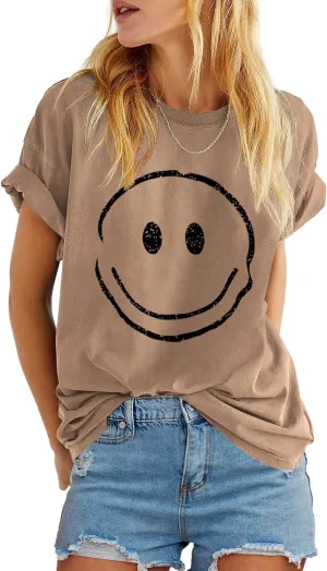 ReachMe Womens Summer Cute Smile Face T-Shirts Trendy Vintage Graphic Tops Casual Loose Short Sleeve Tee Shirts