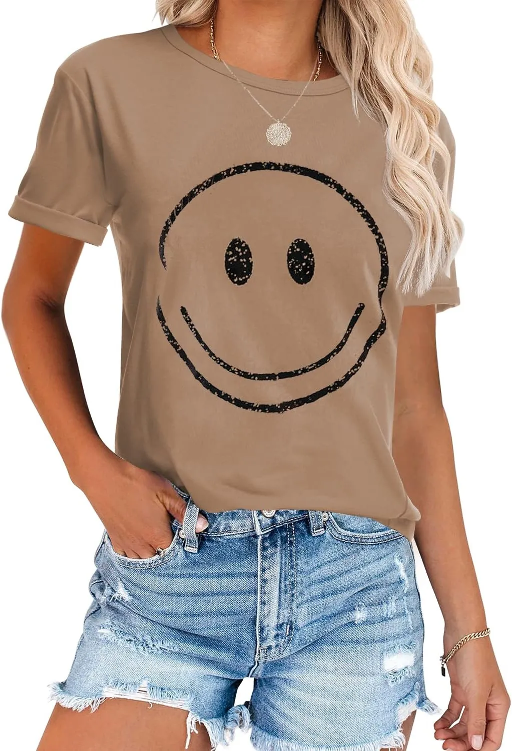 ReachMe Womens Summer Cute Smile Face T-Shirts Trendy Vintage Graphic Tops Casual Loose Short Sleeve Tee Shirts