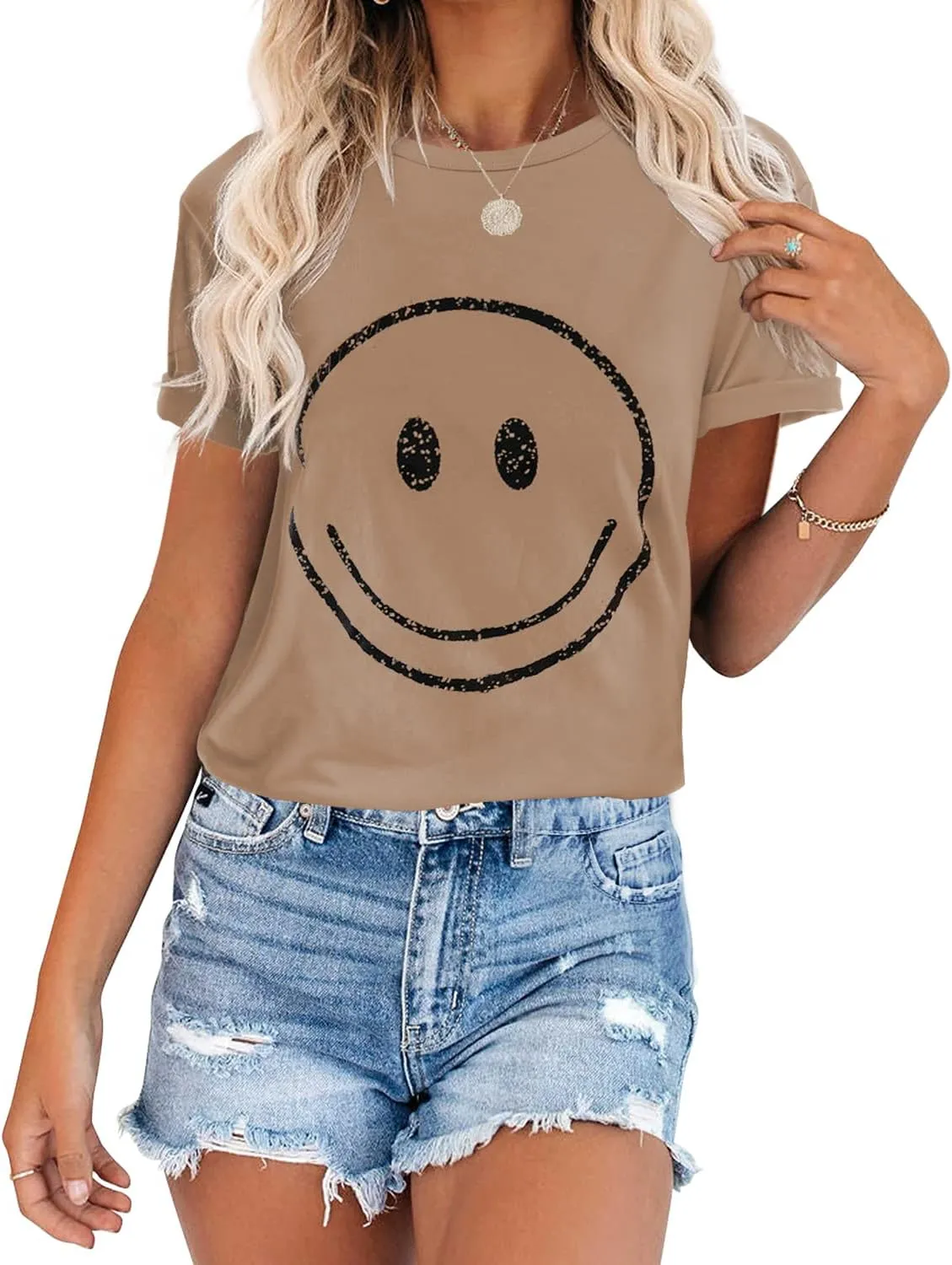 ReachMe Womens Summer Cute Smile Face T-Shirts Trendy Vintage Graphic Tops Casual Loose Short Sleeve Tee Shirts