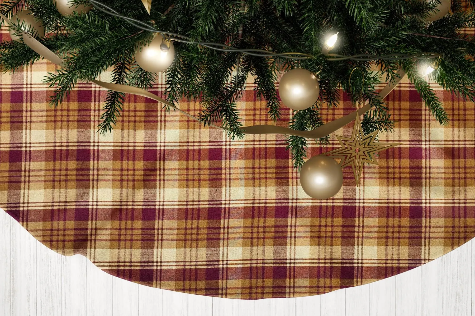 Red, Mustard Gold, and Cream Plaid Homespun Christmas Tree Skirts
