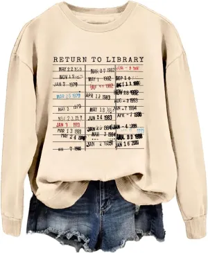 Return to Library Shirt Women Vintage Book Lover Sweatshirt Graphic Crewneck Reader Librarian Teacher Pullover Tops