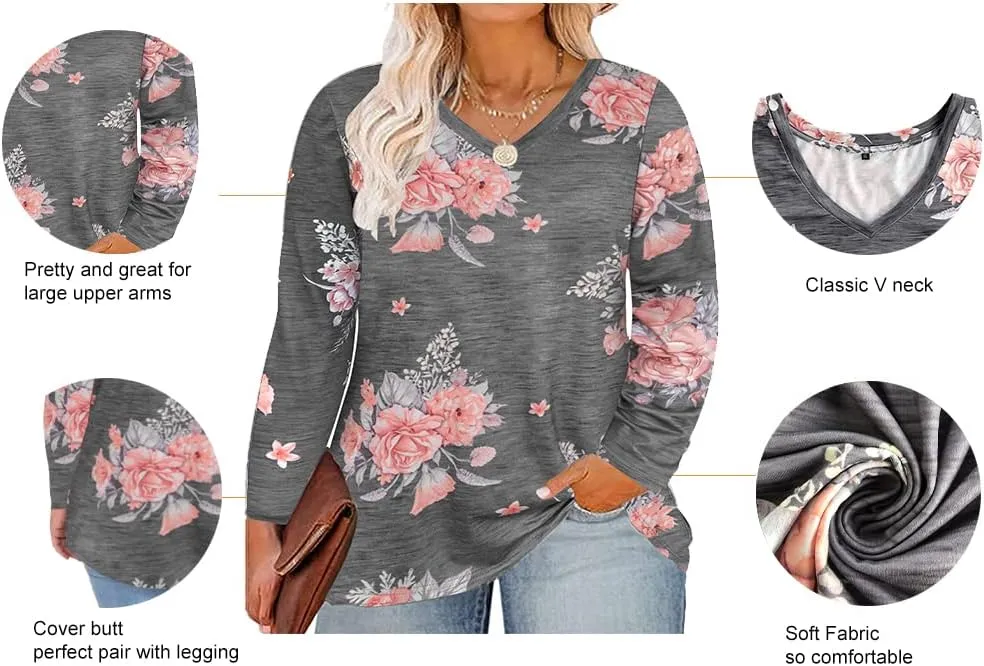 RITERA Womens Plus Size Tops Long Sleeve Shirts V Neck Tunics Fall Casual Pullover Loose Fit Basic Tshirt XL-6XL 14W-30W