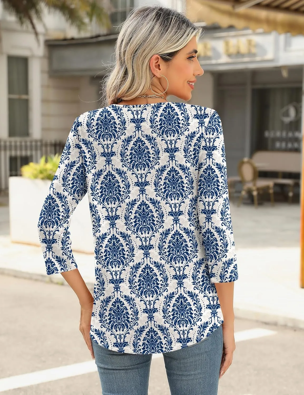 Romanstii 3/4 Length Sleeve Womens Tops Keyhole Crewneck Shirts Business Dressy Casual Tunic Blouses Summer Basic Tees
