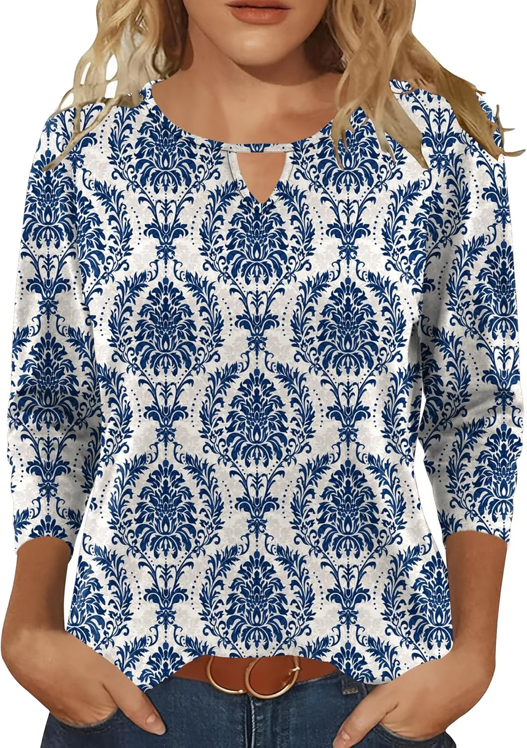 Romanstii 3/4 Length Sleeve Womens Tops Keyhole Crewneck Shirts Business Dressy Casual Tunic Blouses Summer Basic Tees