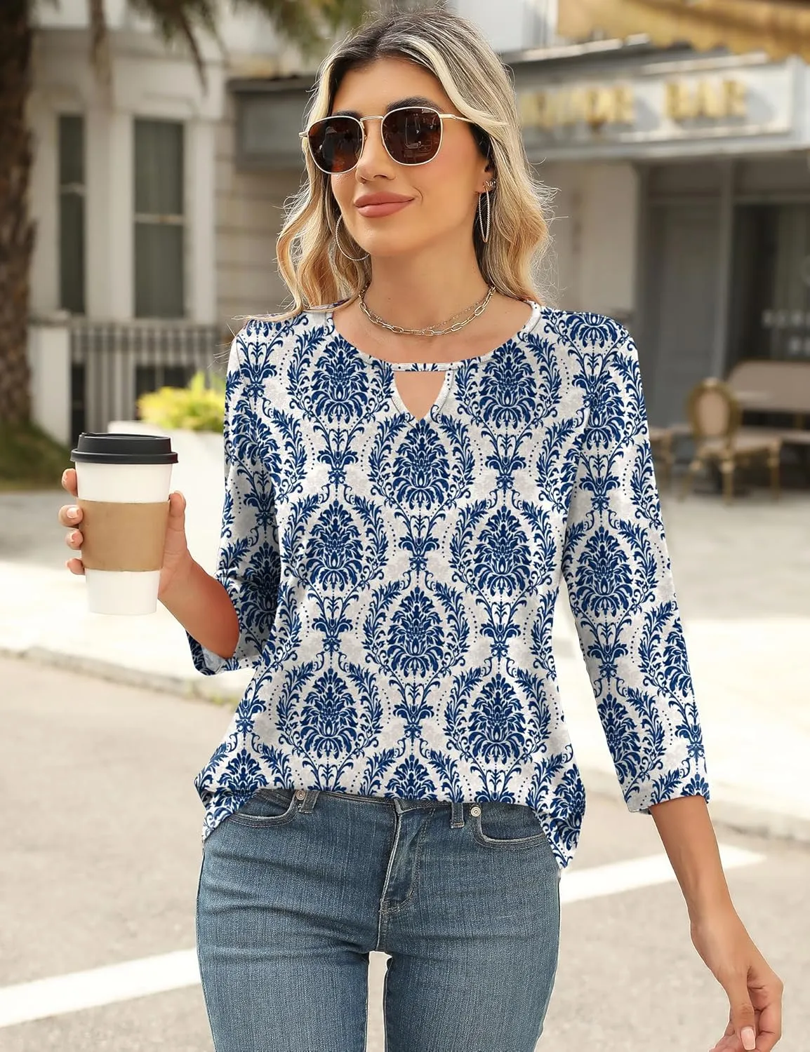Romanstii 3/4 Length Sleeve Womens Tops Keyhole Crewneck Shirts Business Dressy Casual Tunic Blouses Summer Basic Tees