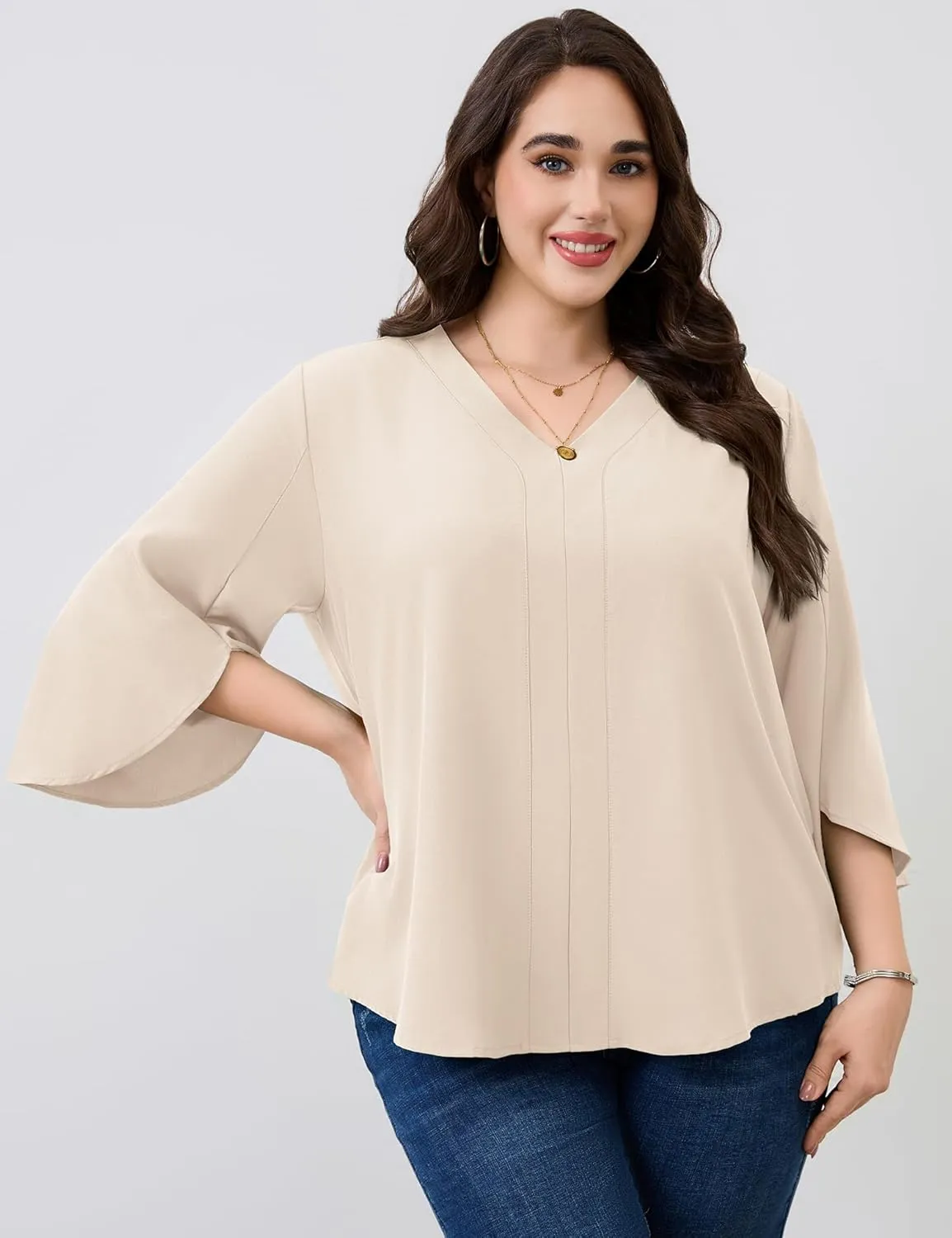 Romanstii Plus Size 3/4 Length Sleeve Womens Tops V-Neck Flowy Blouses Business Casual Summer Shirts 2025