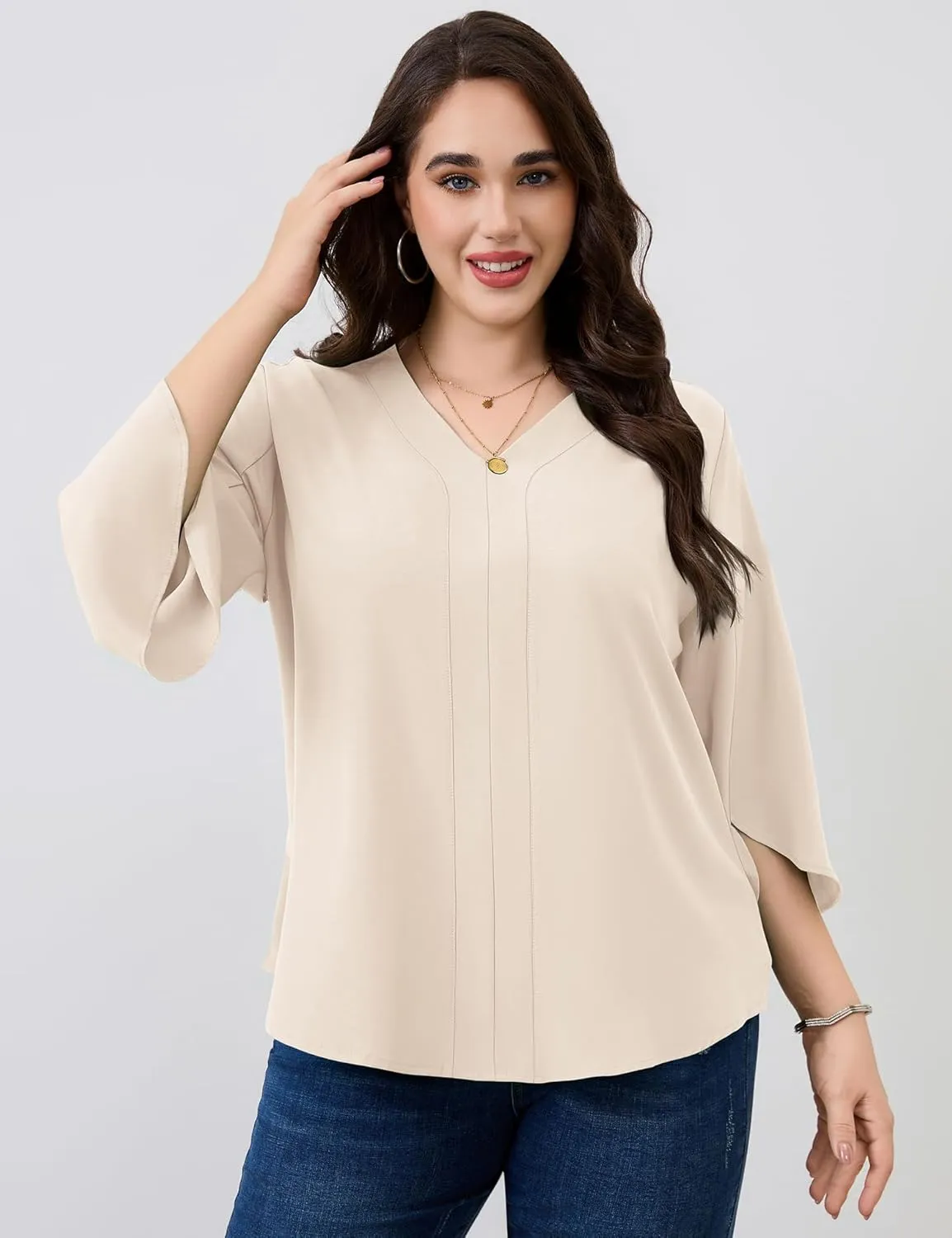 Romanstii Plus Size 3/4 Length Sleeve Womens Tops V-Neck Flowy Blouses Business Casual Summer Shirts 2025