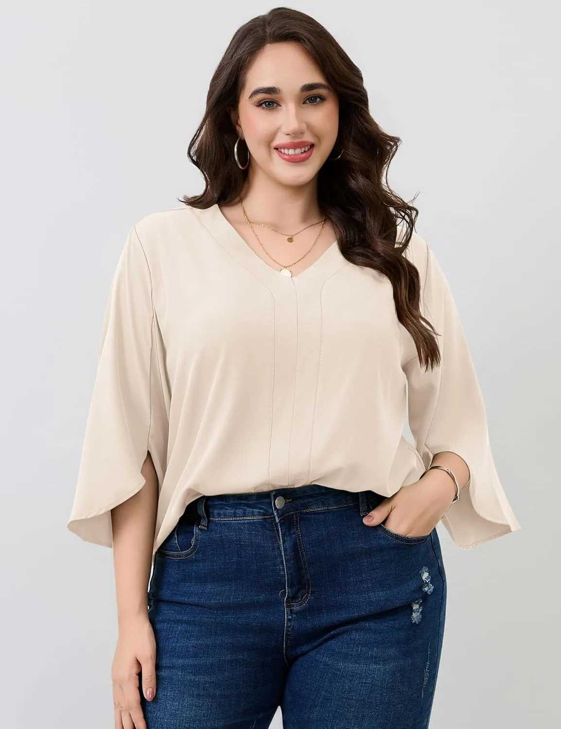 Romanstii Plus Size 3/4 Length Sleeve Womens Tops V-Neck Flowy Blouses Business Casual Summer Shirts 2025