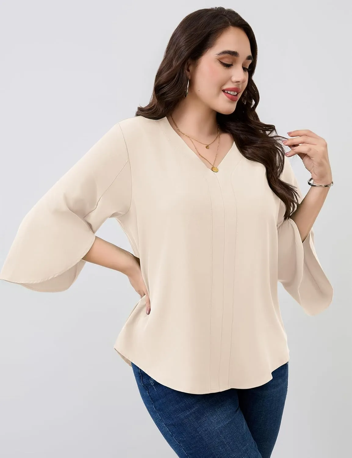 Romanstii Plus Size 3/4 Length Sleeve Womens Tops V-Neck Flowy Blouses Business Casual Summer Shirts 2025