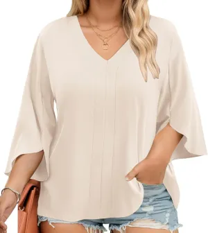 Romanstii Plus Size 3/4 Length Sleeve Womens Tops V-Neck Flowy Blouses Business Casual Summer Shirts 2025