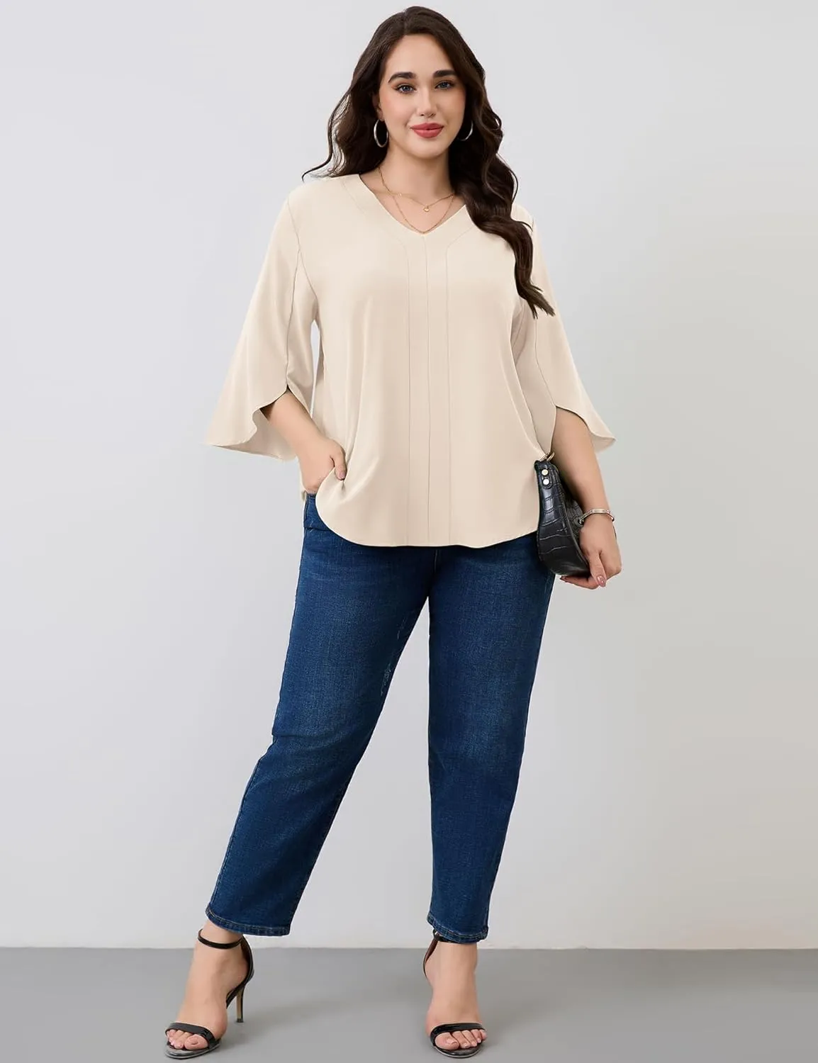 Romanstii Plus Size 3/4 Length Sleeve Womens Tops V-Neck Flowy Blouses Business Casual Summer Shirts 2025