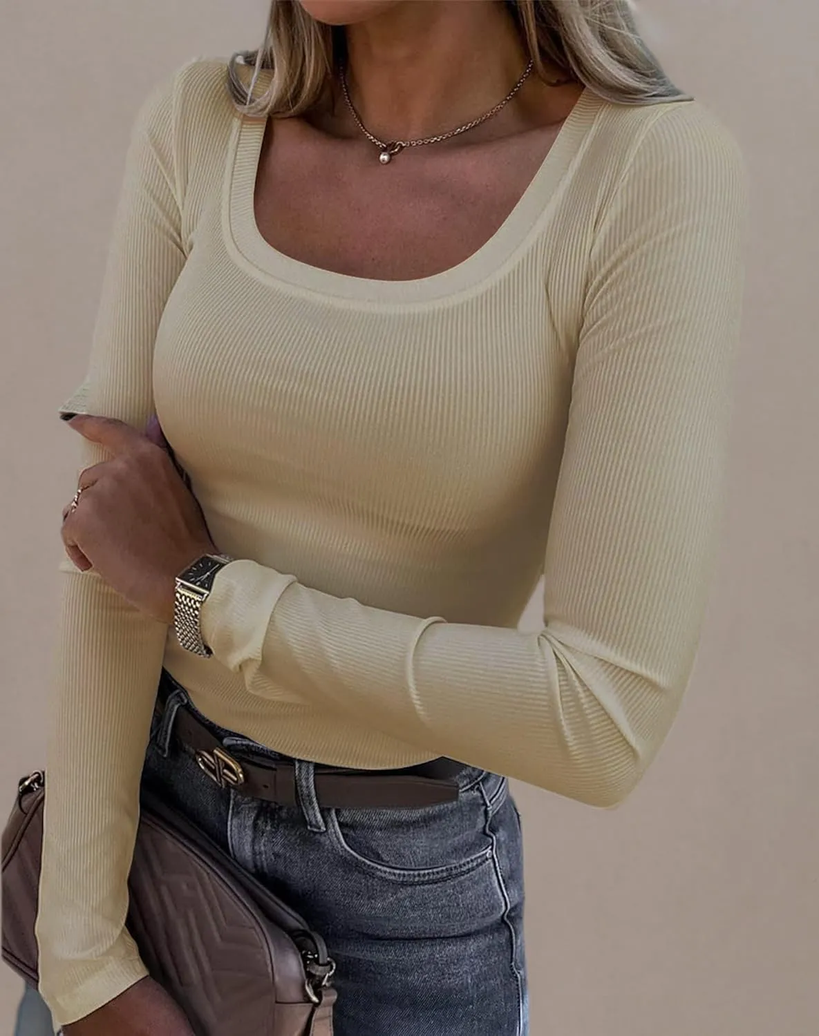 Roselux Womens Long Sleeve Scoop Neck Ribbed Knit Fitted Casual Tops Tee Slim Basic Shirts