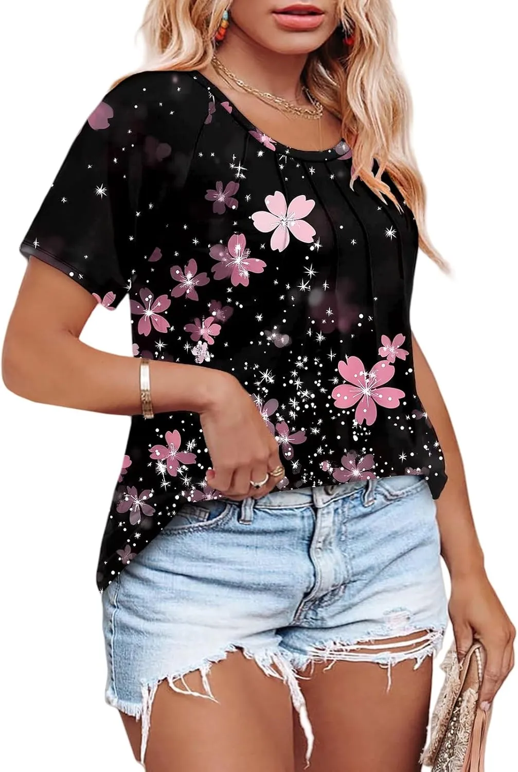 ROSRISS Plus Size Tops for Women Summer Casual Pleated Tees Cute Short Sleeve T Shirts Crew Neck Blouses XL-5XL