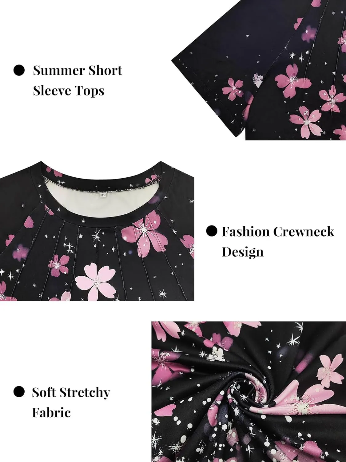 ROSRISS Plus Size Tops for Women Summer Casual Pleated Tees Cute Short Sleeve T Shirts Crew Neck Blouses XL-5XL