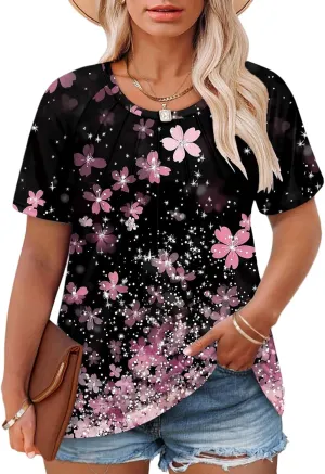 ROSRISS Plus Size Tops for Women Summer Casual Pleated Tees Cute Short Sleeve T Shirts Crew Neck Blouses XL-5XL