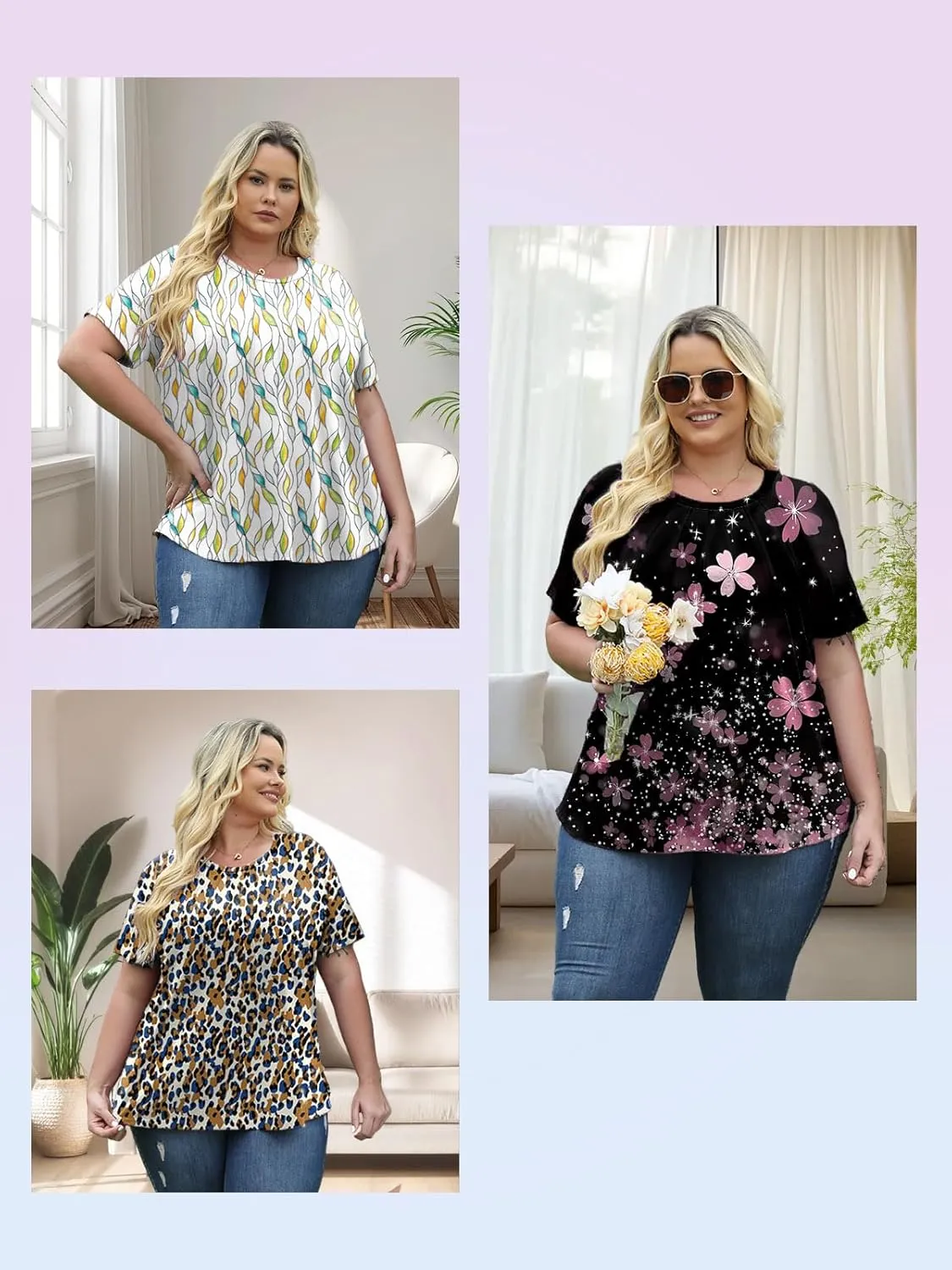 ROSRISS Plus Size Tops for Women Summer Casual Pleated Tees Cute Short Sleeve T Shirts Crew Neck Blouses XL-5XL