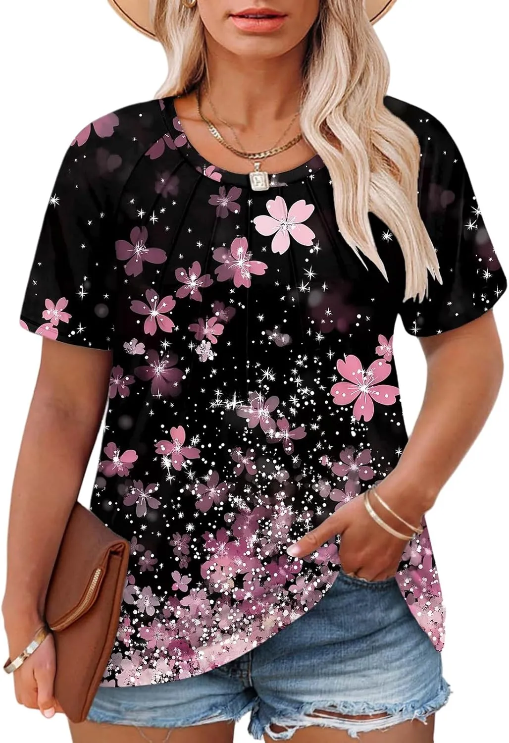 ROSRISS Plus Size Tops for Women Summer Casual Pleated Tees Cute Short Sleeve T Shirts Crew Neck Blouses XL-5XL