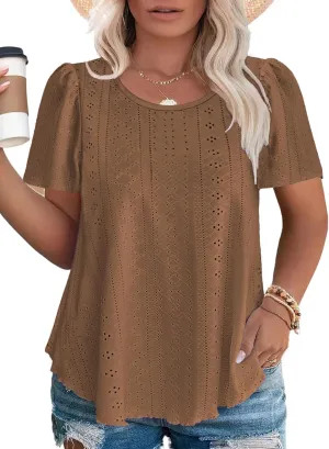 ROSRISS Plus-Size Tops for Women Summer Trendy Eyelet Puff Short Sleeve T Shirts Casual Crewneck Solid Color Tunics XL-5XL