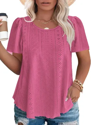 ROSRISS Plus-Size Tops for Women Summer Trendy Eyelet Puff Short Sleeve T Shirts Casual Crewneck Solid Color Tunics XL-5XL