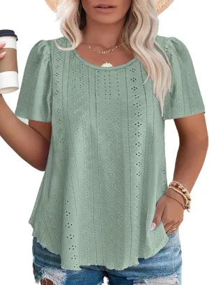 ROSRISS Plus-Size Tops for Women Summer Trendy Eyelet Puff Short Sleeve T Shirts Casual Crewneck Solid Color Tunics XL-5XL