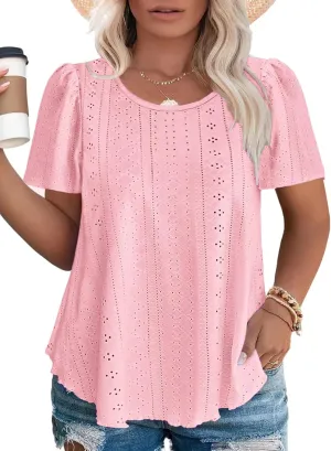 ROSRISS Plus-Size Tops for Women Summer Trendy Eyelet Puff Short Sleeve T Shirts Casual Crewneck Solid Color Tunics XL-5XL
