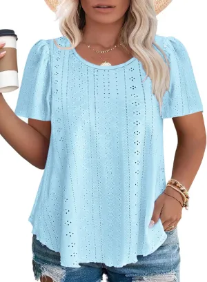ROSRISS Plus-Size Tops for Women Summer Trendy Eyelet Puff Short Sleeve T Shirts Casual Crewneck Solid Color Tunics XL-5XL