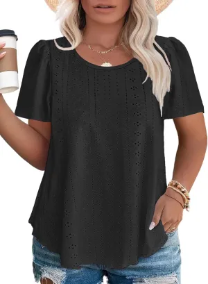 ROSRISS Plus-Size Tops for Women Summer Trendy Eyelet Puff Short Sleeve T Shirts Casual Crewneck Solid Color Tunics XL-5XL