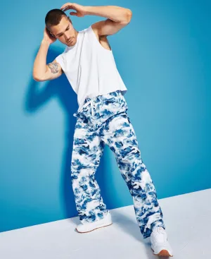 Royalty Maluma Men's Relaxed-Fit Wave-Print Convertible Utility Pants Blue Camo