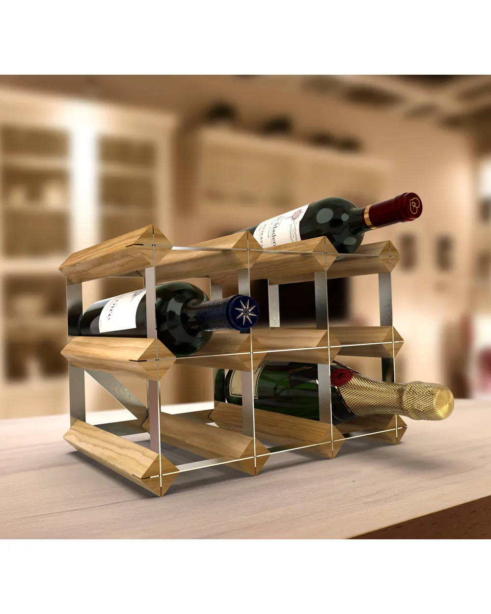 RTA Galvanized Steel & Light Oak Pine Assembled 9 Bottel Wine Rack