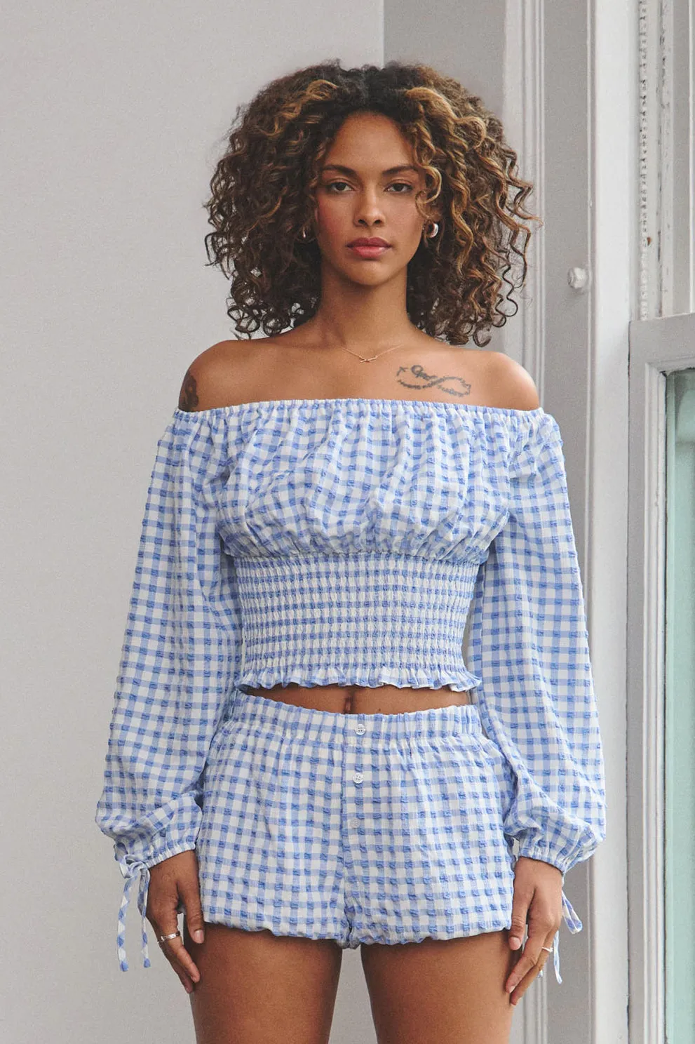 RUBY GINGHAM OFF THE SHOULDER TOP - BLUE