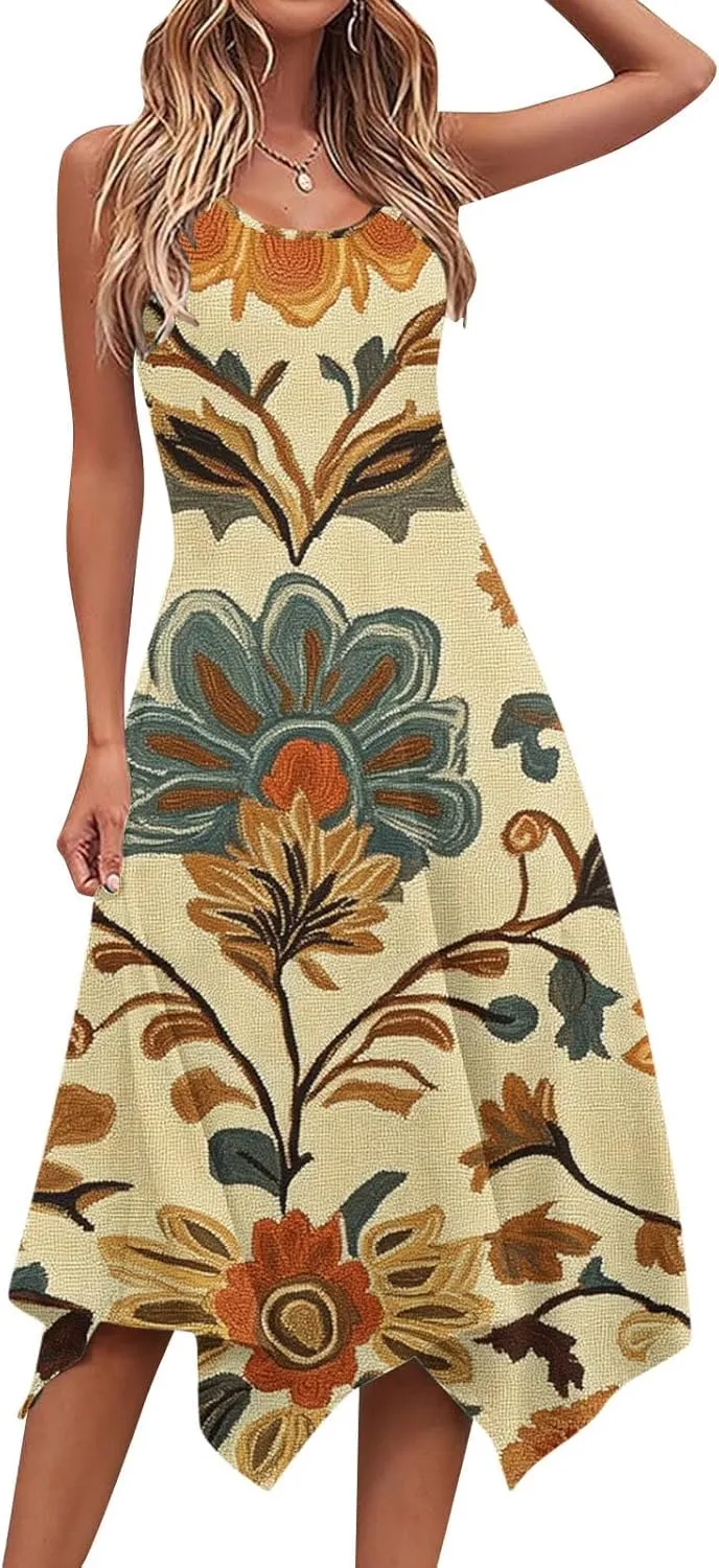 Ruziyoog Women's Boho Floral Print Maxi Dress Hankerchief Hem Tank Dresses Casual Summer Sleeveless Flowy Beach Sundress