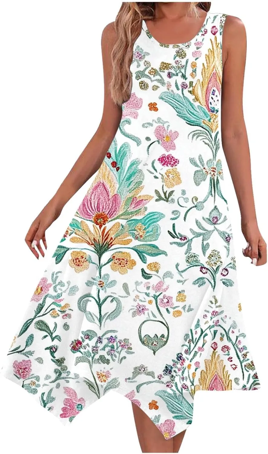 Ruziyoog Women's Boho Floral Print Maxi Dress Hankerchief Hem Tank Dresses Casual Summer Sleeveless Flowy Beach Sundress