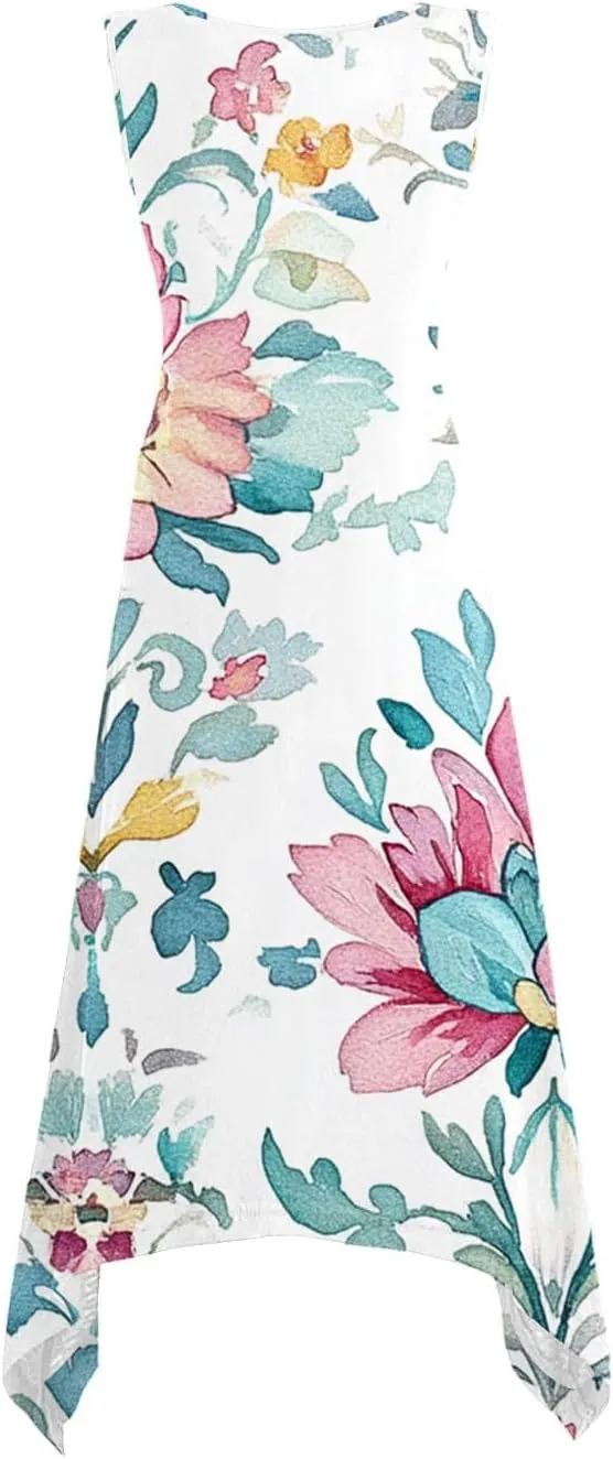 Ruziyoog Women's Boho Floral Print Maxi Dress Hankerchief Hem Tank Dresses Casual Summer Sleeveless Flowy Beach Sundress