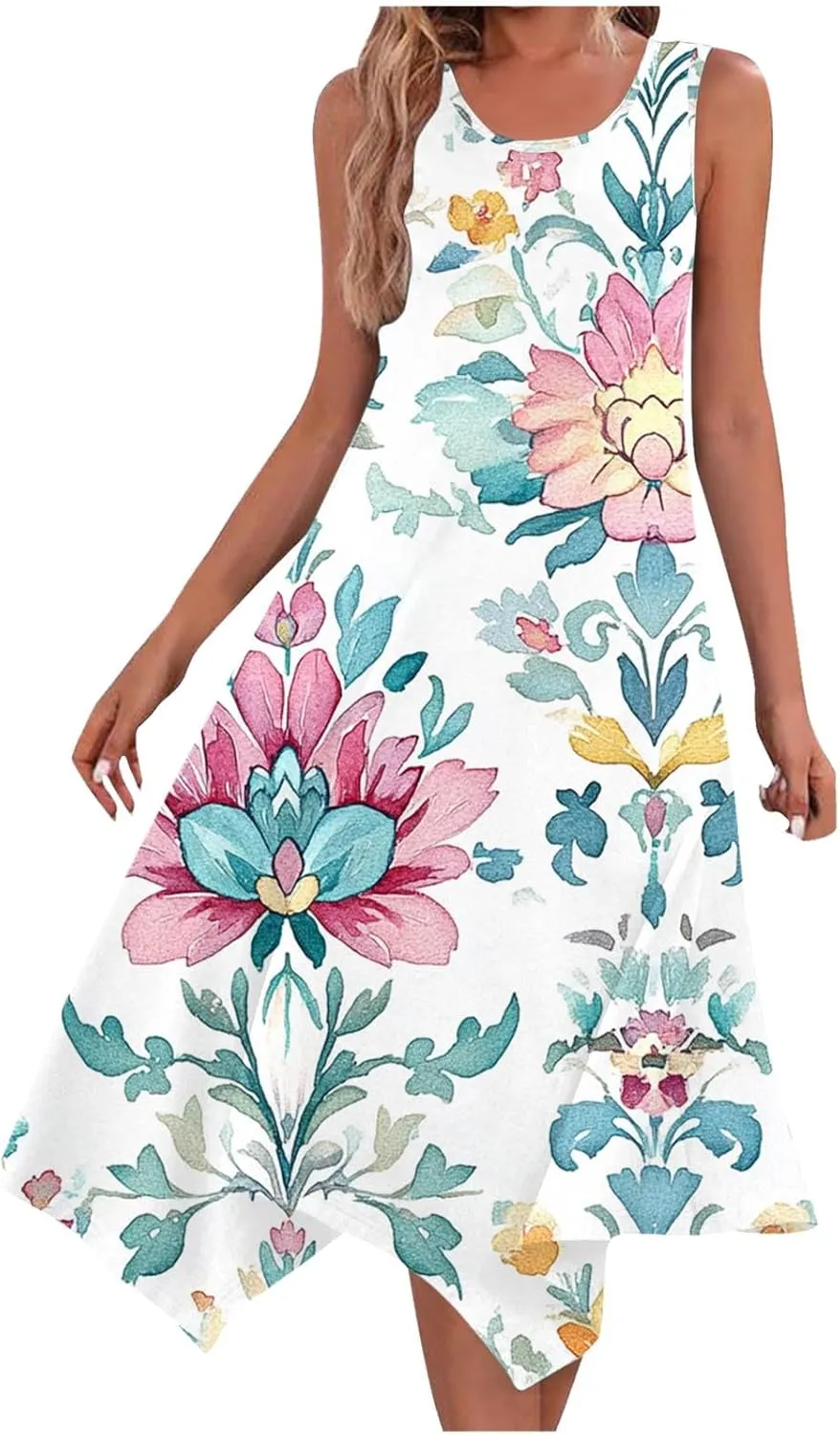 Ruziyoog Women's Boho Floral Print Maxi Dress Hankerchief Hem Tank Dresses Casual Summer Sleeveless Flowy Beach Sundress