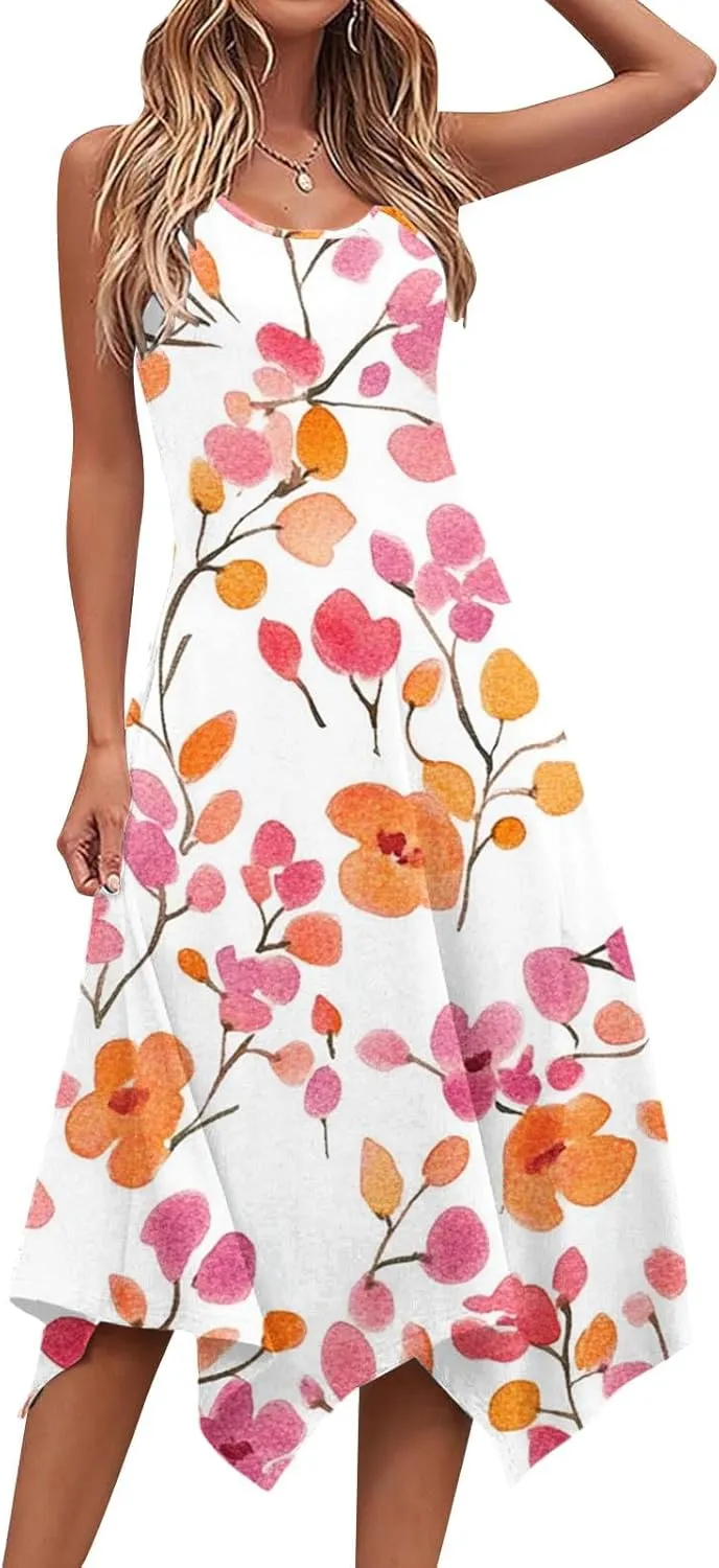 Ruziyoog Women's Boho Floral Print Maxi Dress Hankerchief Hem Tank Dresses Casual Summer Sleeveless Flowy Beach Sundress