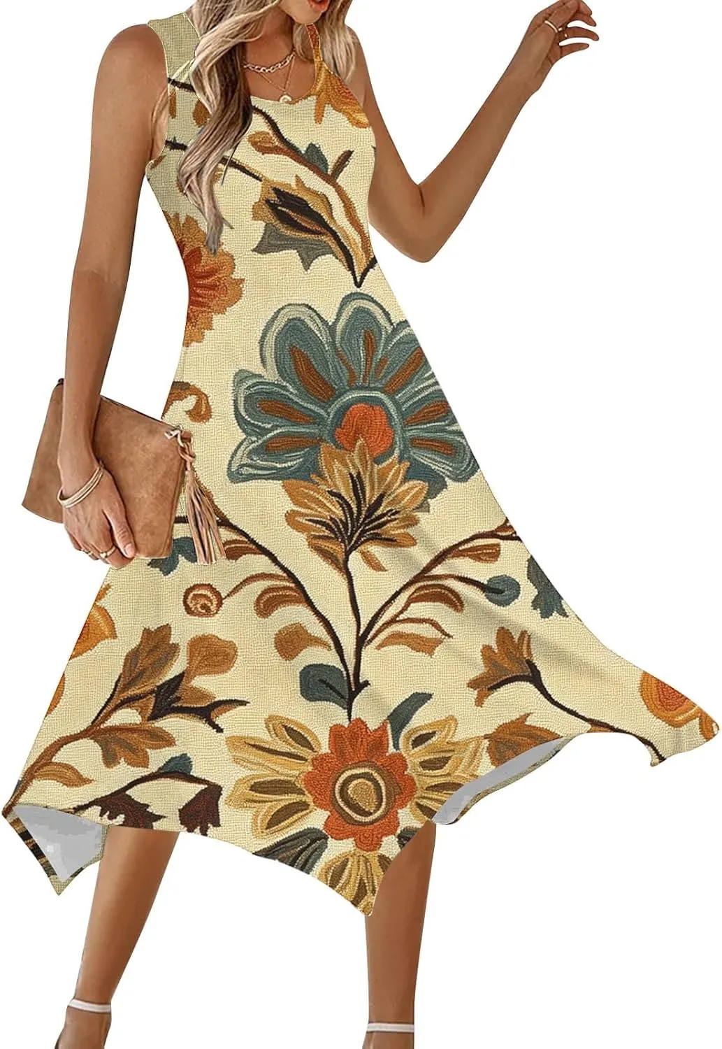 Ruziyoog Women's Boho Floral Print Maxi Dress Hankerchief Hem Tank Dresses Casual Summer Sleeveless Flowy Beach Sundress