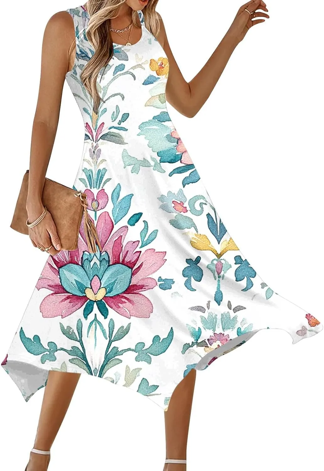 Ruziyoog Women's Boho Floral Print Maxi Dress Hankerchief Hem Tank Dresses Casual Summer Sleeveless Flowy Beach Sundress