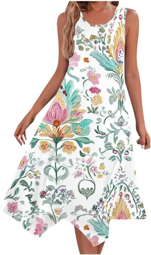 Ruziyoog Women's Boho Floral Print Maxi Dress Hankerchief Hem Tank Dresses Casual Summer Sleeveless Flowy Beach Sundress