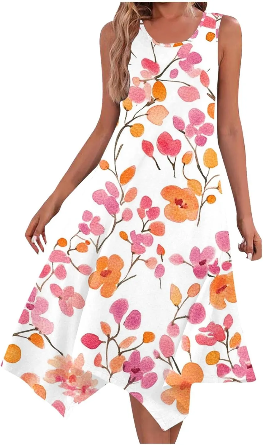 Ruziyoog Women's Boho Floral Print Maxi Dress Hankerchief Hem Tank Dresses Casual Summer Sleeveless Flowy Beach Sundress