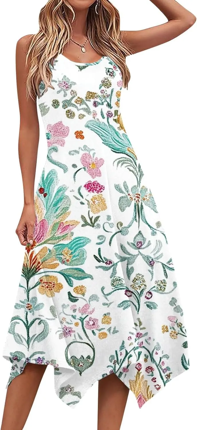 Ruziyoog Women's Boho Floral Print Maxi Dress Hankerchief Hem Tank Dresses Casual Summer Sleeveless Flowy Beach Sundress