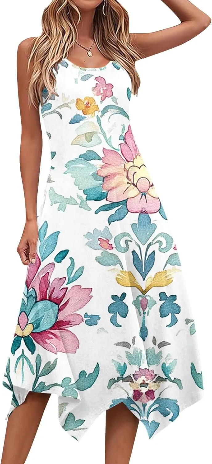 Ruziyoog Women's Boho Floral Print Maxi Dress Hankerchief Hem Tank Dresses Casual Summer Sleeveless Flowy Beach Sundress